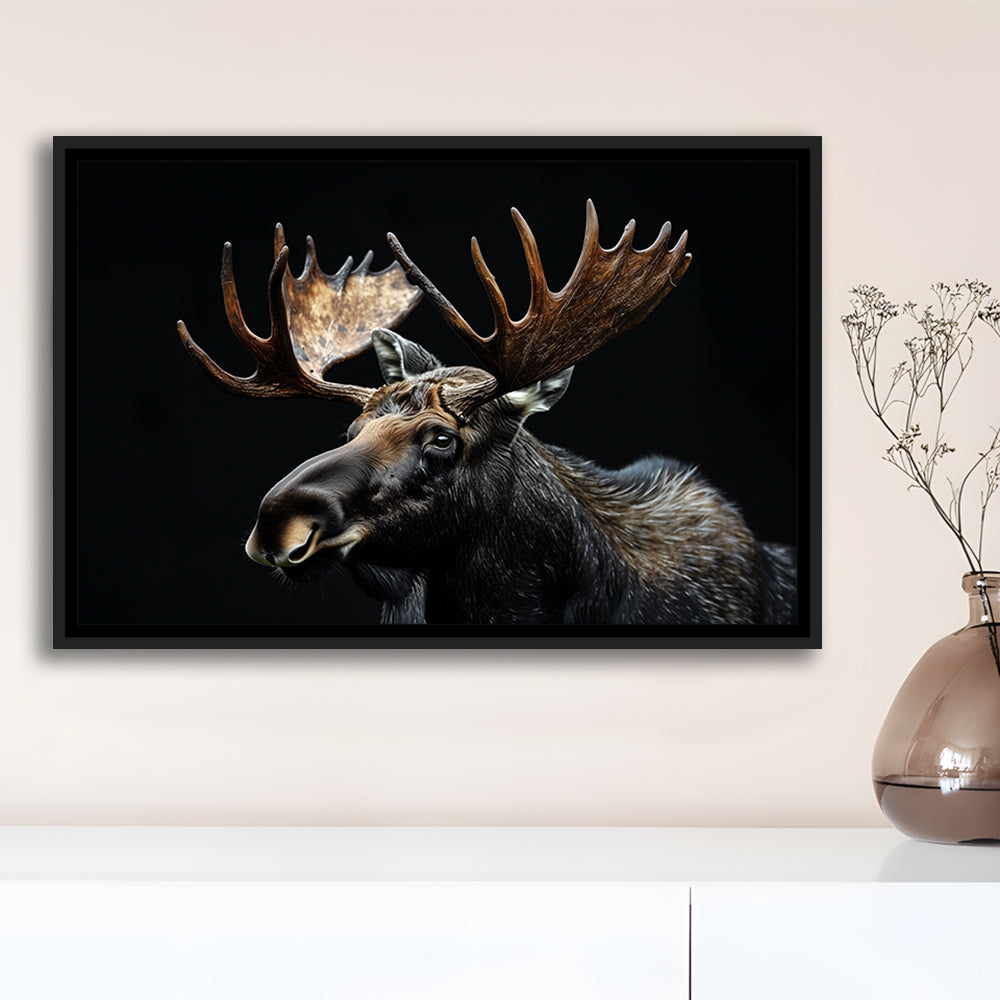 Moose Portrait With Black Background, Hunting Art Decor, Floating Framed Canvas Print Wall Art