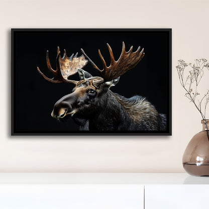 Moose Portrait With Black Background, Hunting Art Decor, Floating Framed Canvas Print Wall Art