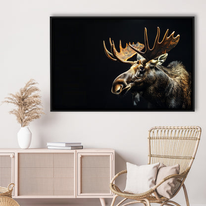 Moose Portrait With Black Background, Hunting Art Decor V1, Floating Framed Canvas Print Wall Art