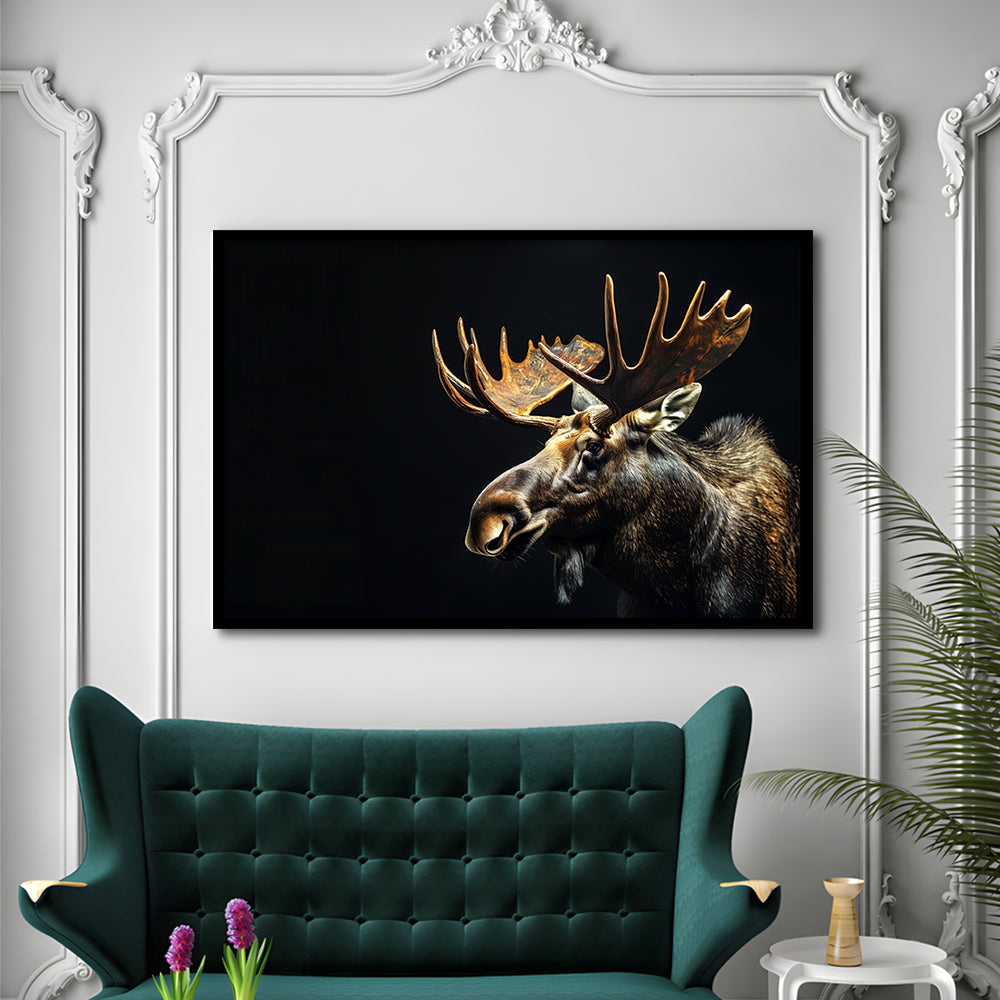 Moose Portrait With Black Background, Hunting Art Decor V1, Framed Art Print Wall Decor, Framed Picture