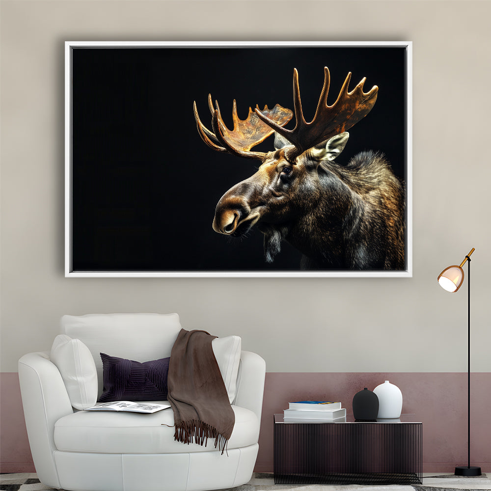 Moose Portrait With Black Background, Hunting Art Decor V1, Floating Framed Canvas Print Wall Art