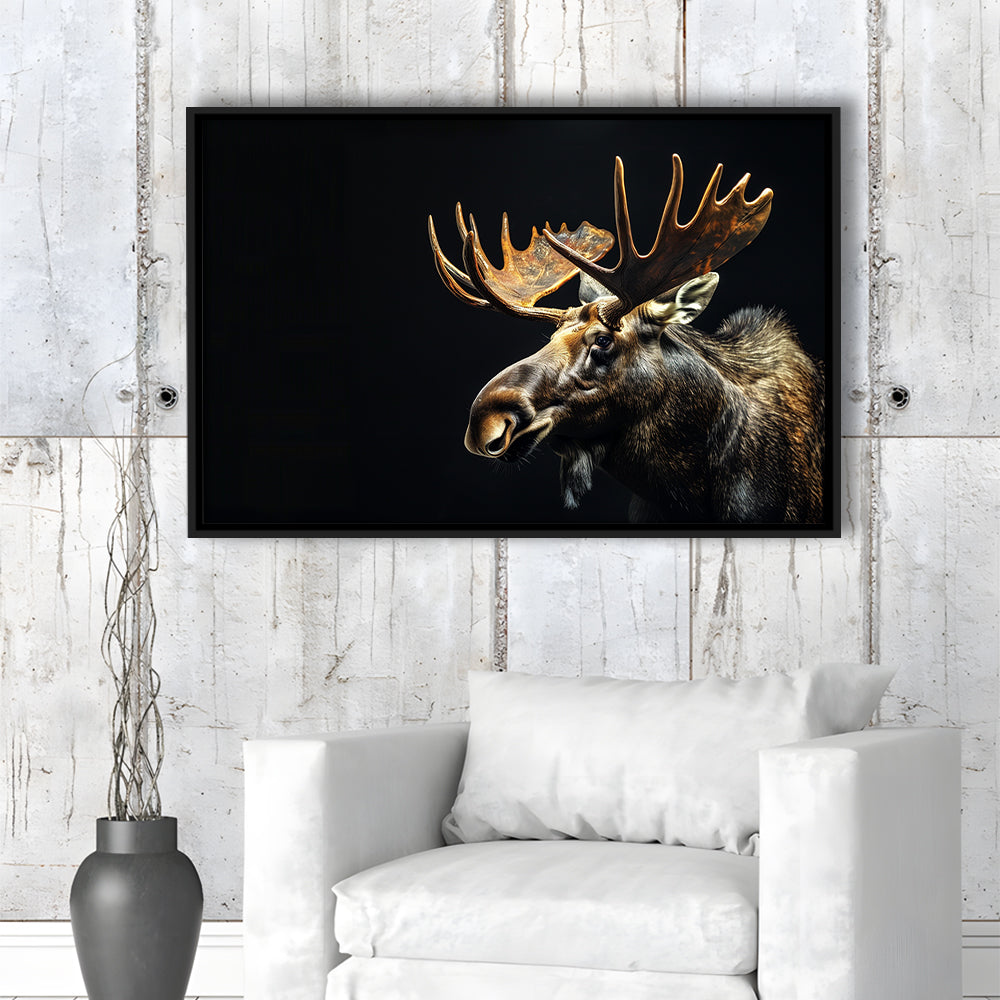 Moose Portrait With Black Background, Hunting Art Decor V1, Floating Framed Canvas Print Wall Art