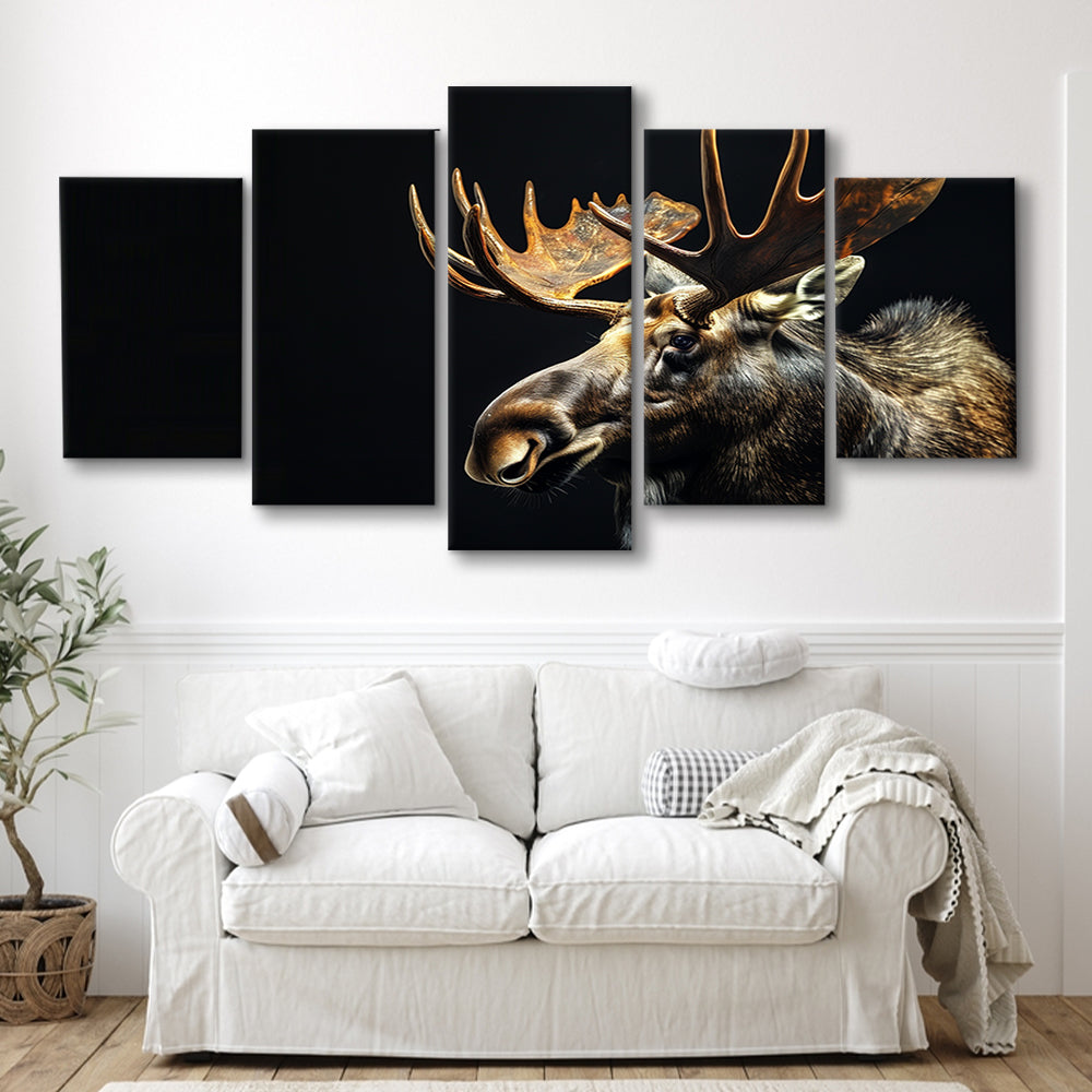 Moose Portrait With Black Background, Hunting Art Decor V1, Mixed Panels Canvas Print Wall Art