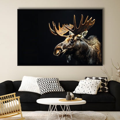 Moose Portrait With Black Background, Hunting Art Decor V1, Floating Framed Canvas Print Wall Art