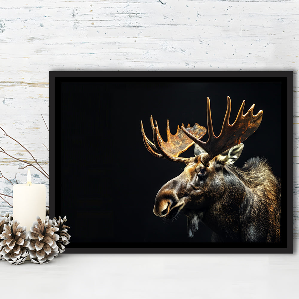 Moose Portrait With Black Background, Hunting Art Decor V1, Floating Framed Canvas Print Wall Art