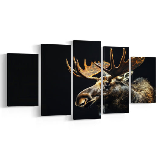 Moose Portrait With Black Background, Hunting Art Decor V1, Mixed Panels Canvas Print Wall Art
