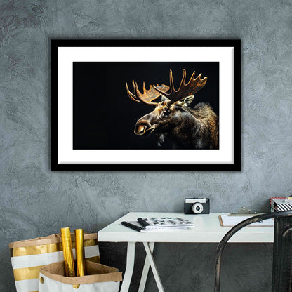 Moose Portrait With Black Background, Hunting Art Decor V1, Framed Art Print White Border Wall Decor