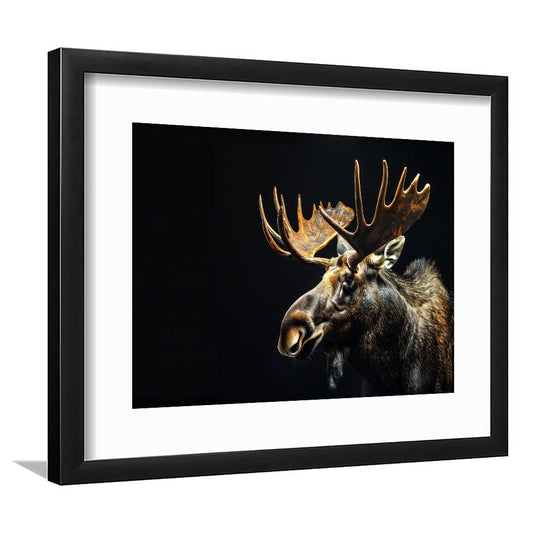 Moose Portrait With Black Background, Hunting Art Decor V1, Framed Art Print White Border Wall Decor