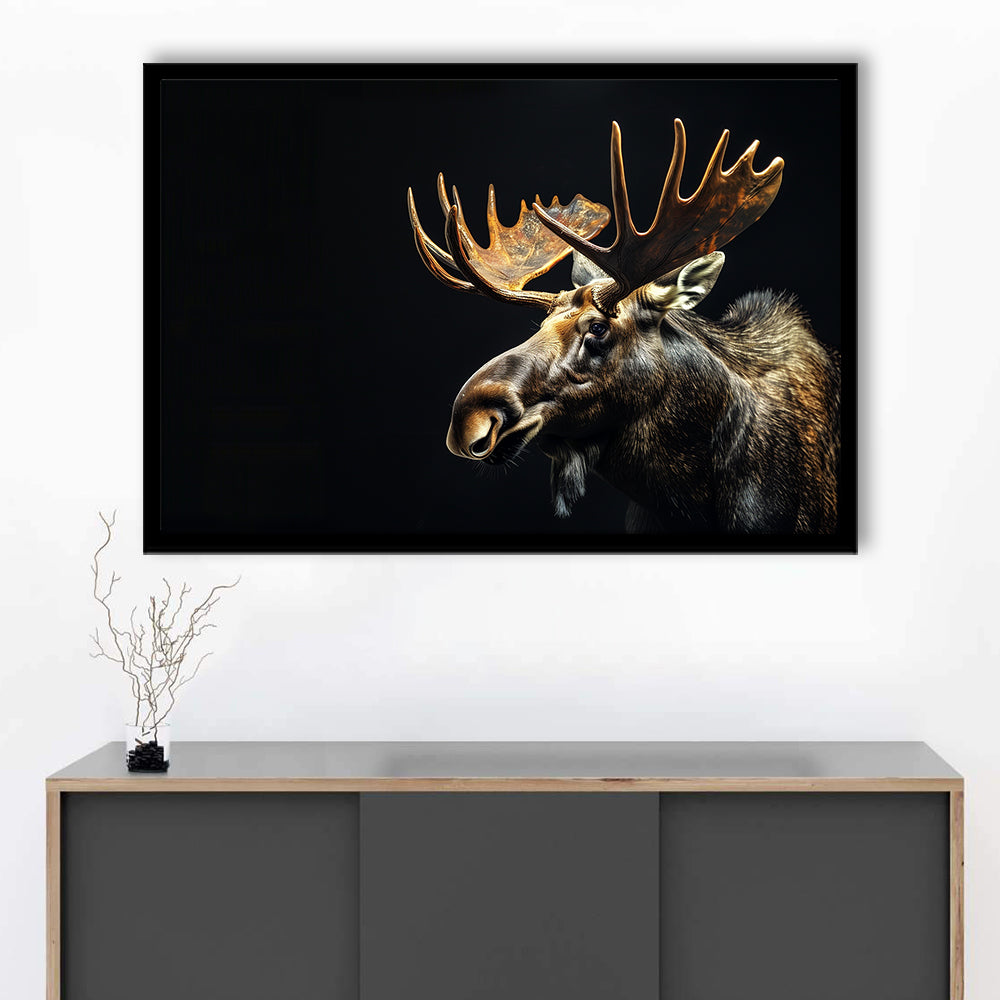 Moose Portrait With Black Background, Hunting Art Decor V1, Framed Art Print Wall Decor, Framed Picture