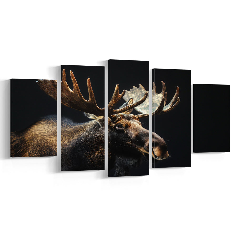 Moose Portrait With Black Background, Hunting Art Decor V2, Mixed Panels Canvas Print Wall Art
