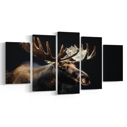 Moose Portrait With Black Background, Hunting Art Decor V2, Mixed Panels Canvas Print Wall Art