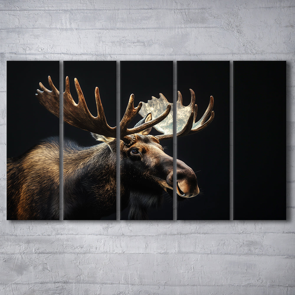 Moose Portrait With Black Background, Hunting Art V2, Multi Panels Canvas Print Wall Art