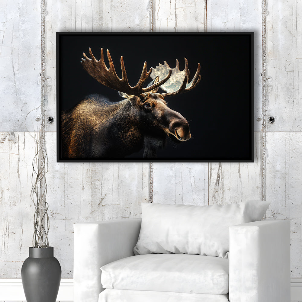 Moose Portrait With Black Background, Hunting Art Decor V2, Floating Framed Canvas Print Wall Art