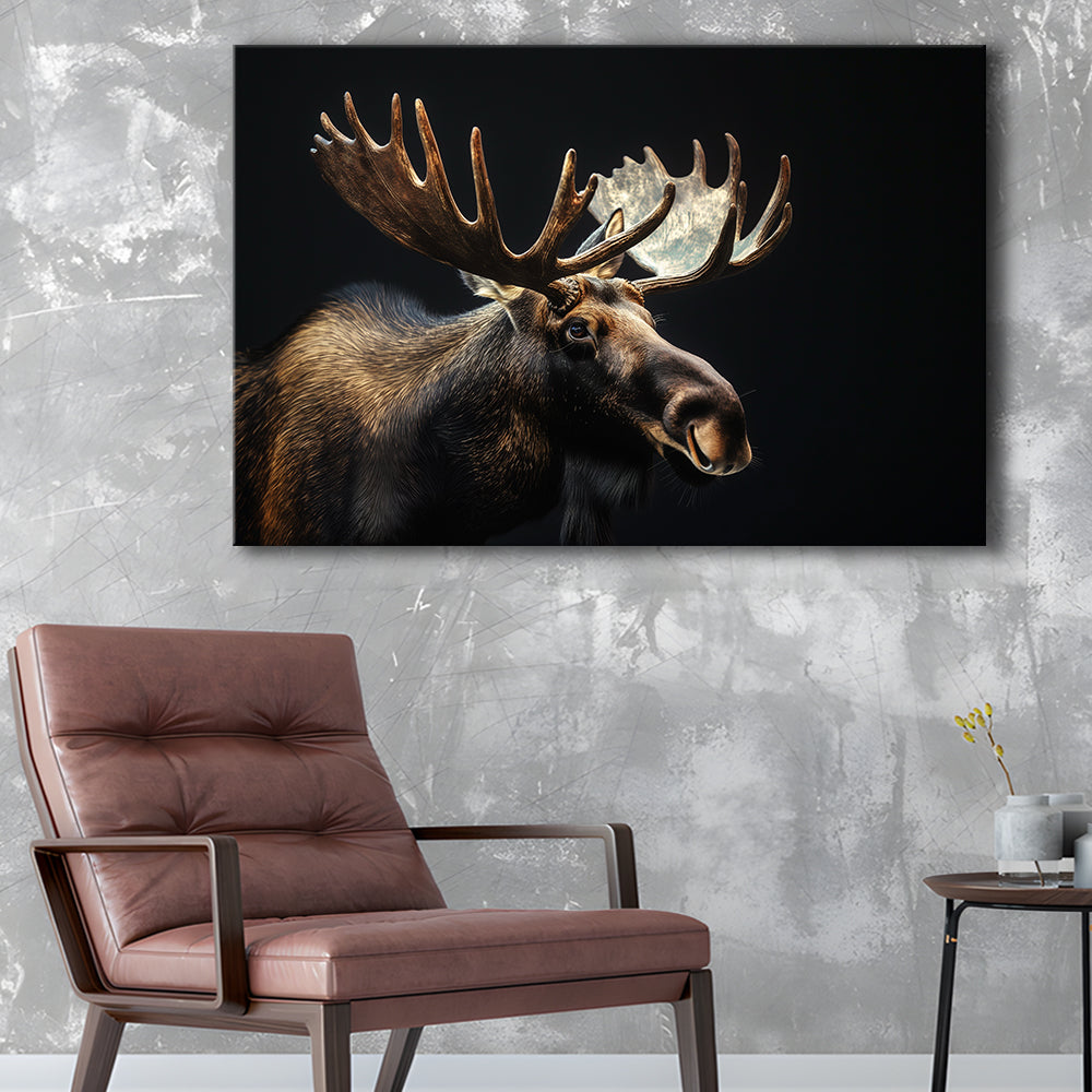 Moose Portrait With Black Background, Hunting Art Decor V2, Canvas Print Wall Art Home Decor