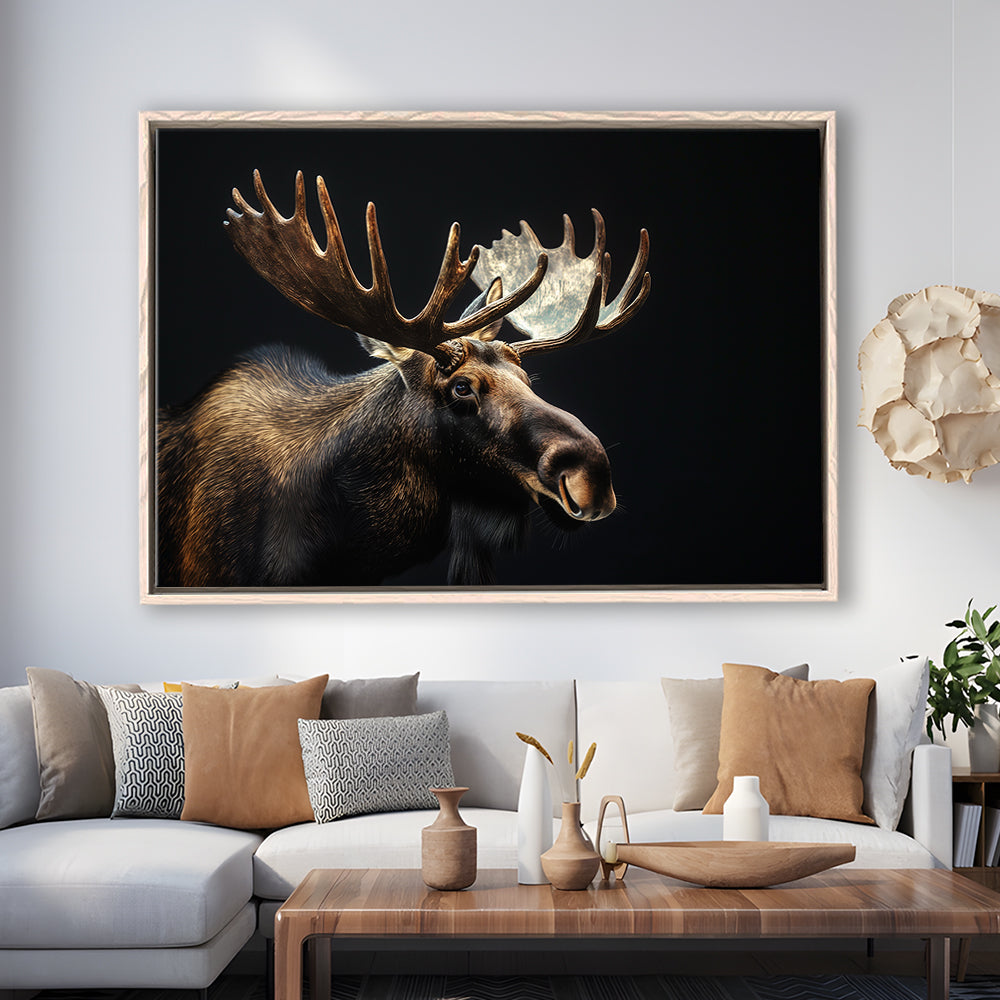 Moose Portrait With Black Background, Hunting Art Decor V2, Floating Framed Canvas Print Wall Art