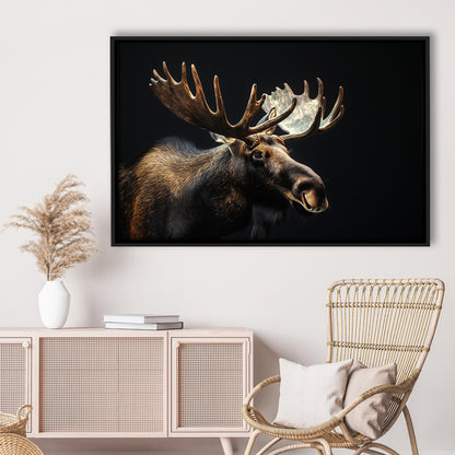 Moose Portrait With Black Background, Hunting Art Decor V2, Floating Framed Canvas Print Wall Art