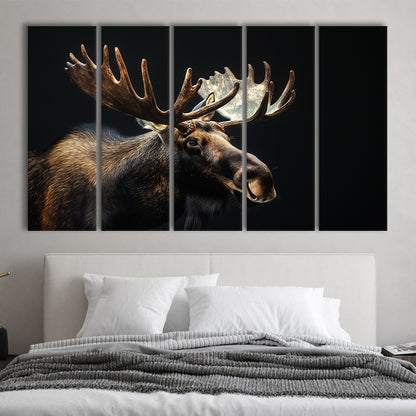 Moose Portrait With Black Background, Hunting Art V2, Multi Panels Canvas Print Wall Art