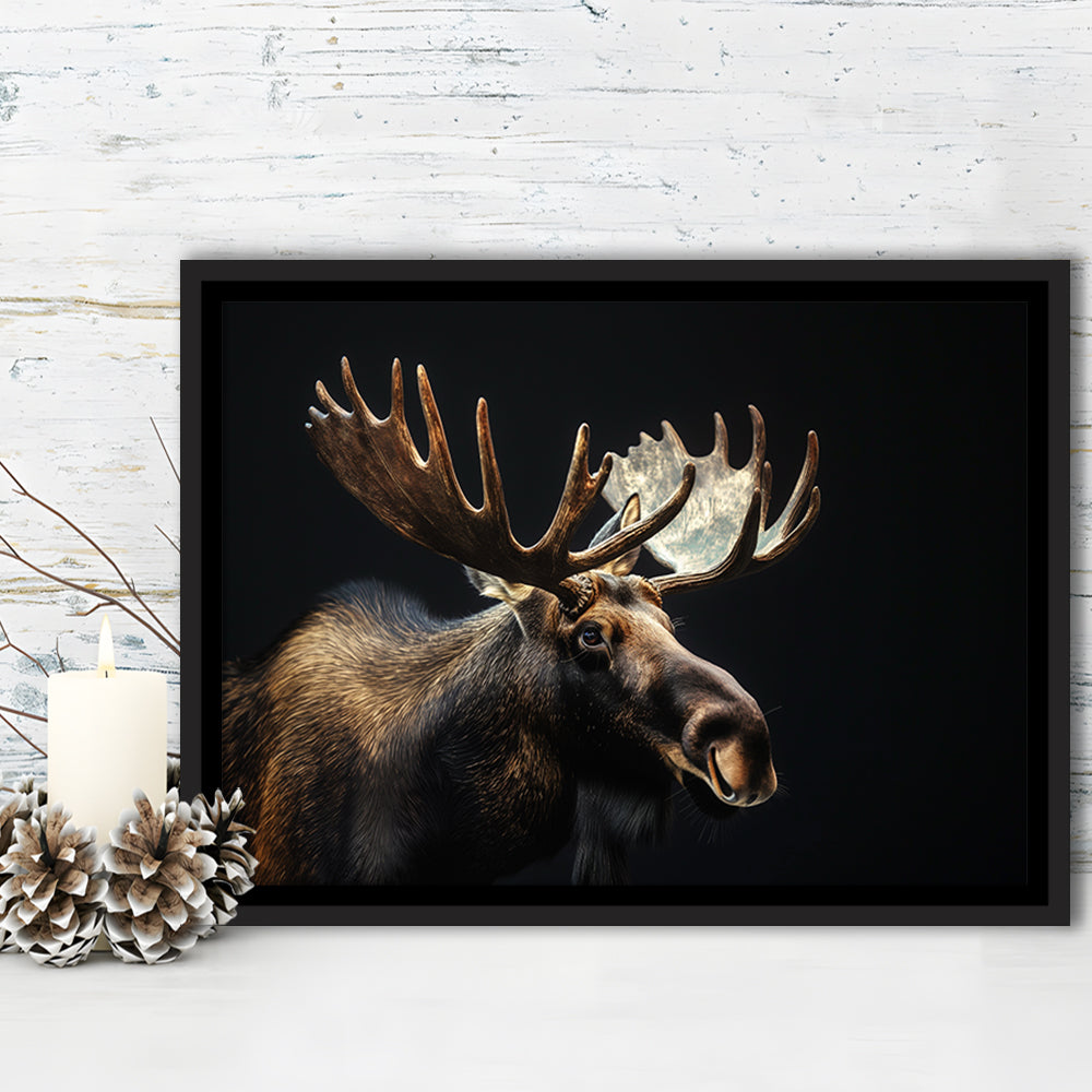 Moose Portrait With Black Background, Hunting Art Decor V2, Floating Framed Canvas Print Wall Art