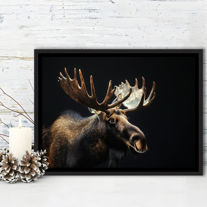 Moose Portrait With Black Background, Hunting Art Decor V2, Floating Framed Canvas Print Wall Art