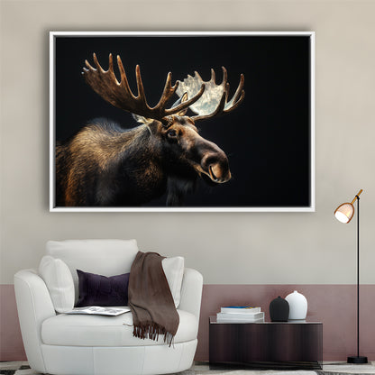 Moose Portrait With Black Background, Hunting Art Decor V2, Floating Framed Canvas Print Wall Art