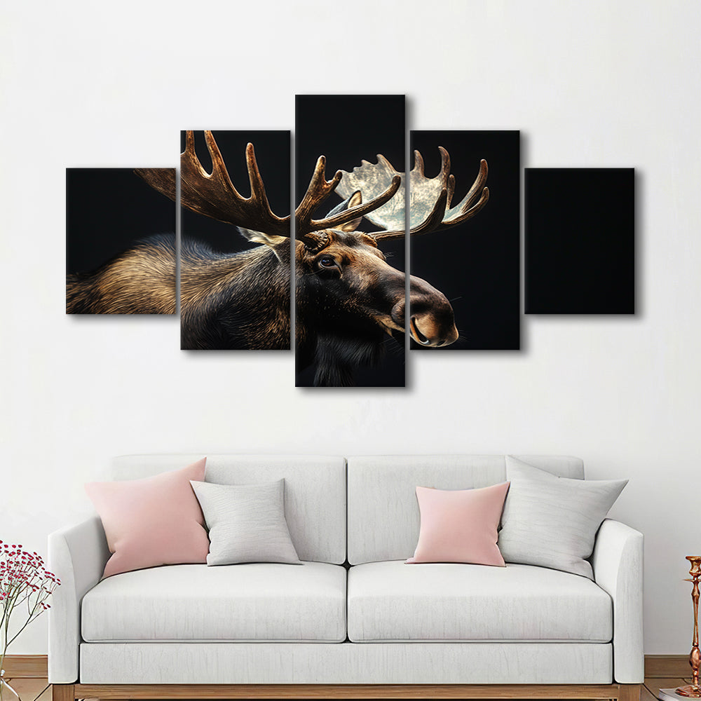 Moose Portrait With Black Background, Hunting Art Decor V2, Mixed Panels Canvas Print Wall Art