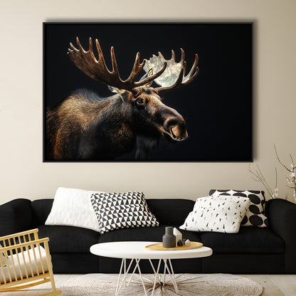 Moose Portrait With Black Background, Hunting Art Decor V2, Floating Framed Canvas Print Wall Art