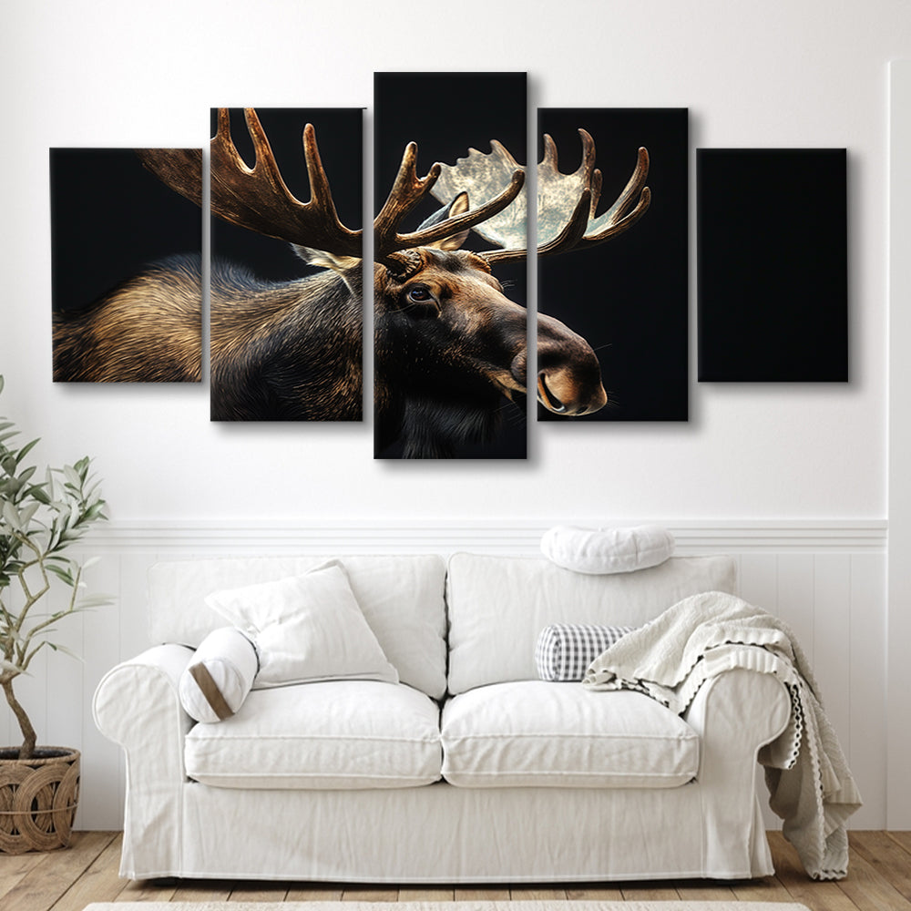 Moose Portrait With Black Background, Hunting Art Decor V2, Mixed Panels Canvas Print Wall Art
