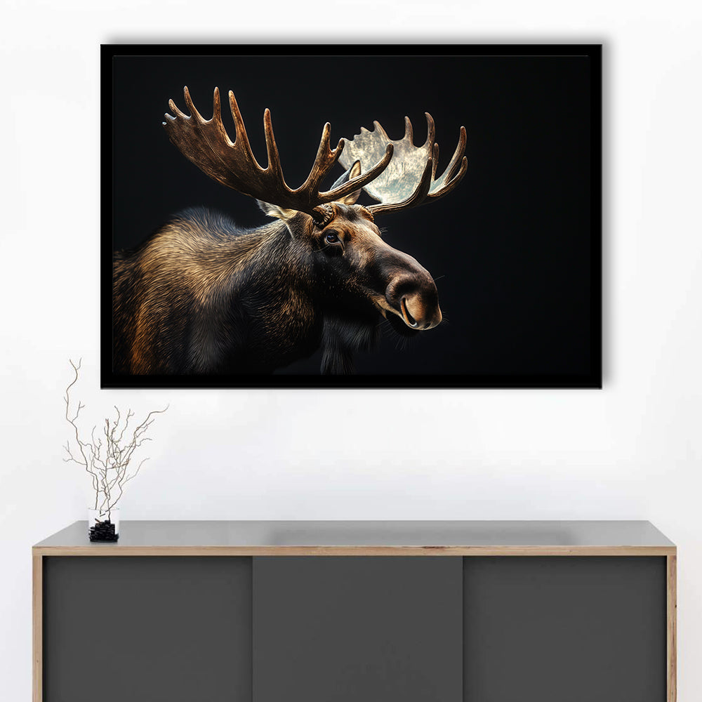 Moose Portrait With Black Background, Hunting Art Decor V2, Framed Art Print Wall Decor, Framed Picture