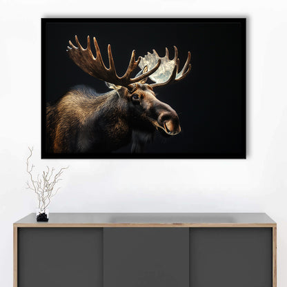 Moose Portrait With Black Background, Hunting Art Decor V2, Framed Art Print Wall Decor, Framed Picture
