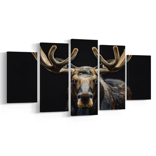 Moose Portrait With Black Background, Hunting Art Decor V3, Mixed Panels Canvas Print Wall Art