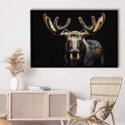 Moose Portrait With Black Background, Hunting Art Decor V3, Floating Framed Canvas Print Wall Art