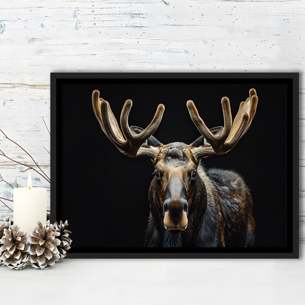 Moose Portrait With Black Background, Hunting Art Decor V3, Floating Framed Canvas Print Wall Art