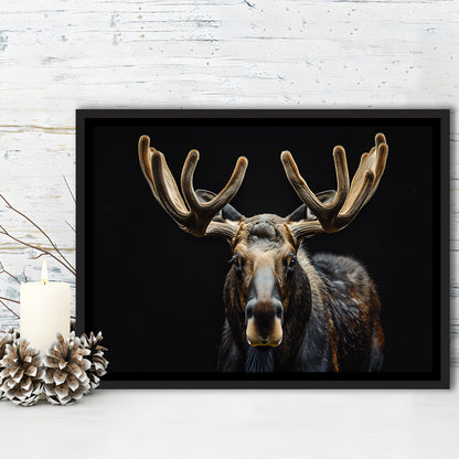 Moose Portrait With Black Background, Hunting Art Decor V3, Floating Framed Canvas Print Wall Art