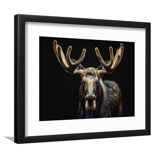 Moose Portrait With Black Background, Hunting Art Decor V3, Framed Art Print White Border Wall Decor