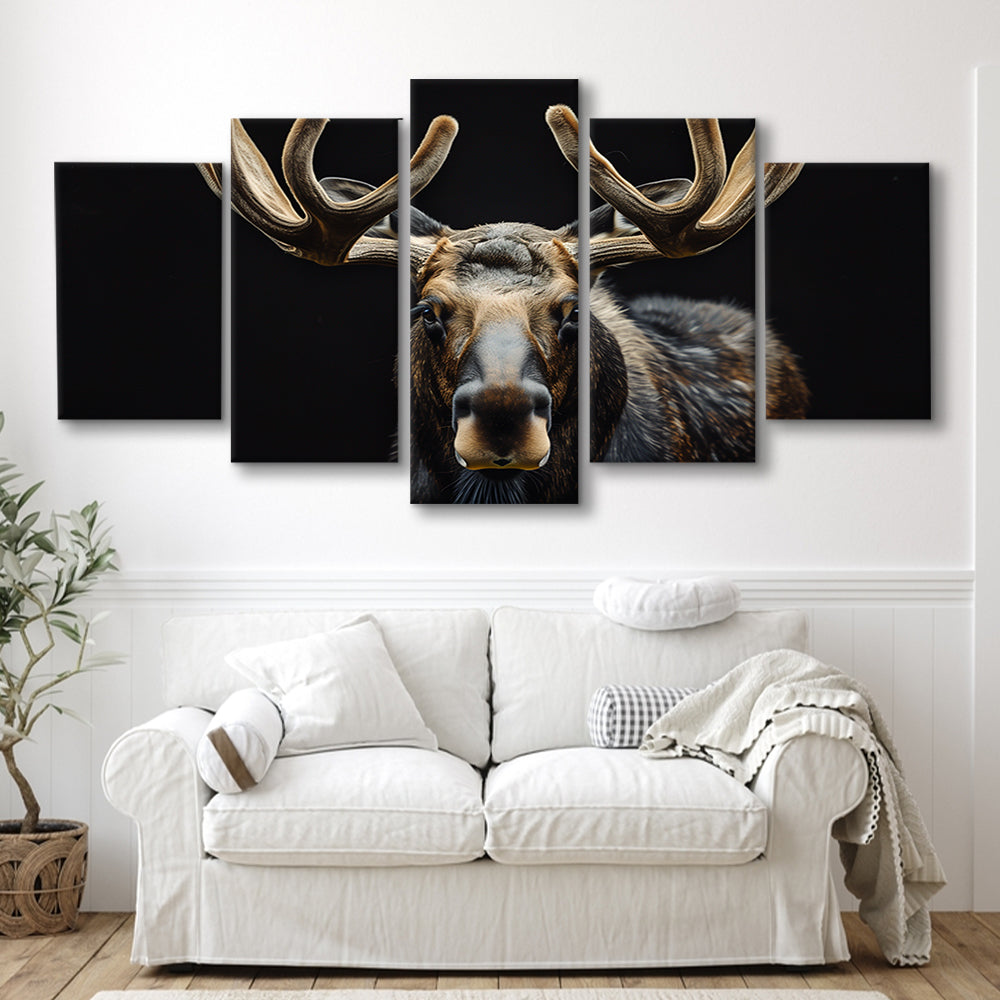Moose Portrait With Black Background, Hunting Art Decor V3, Mixed Panels Canvas Print Wall Art