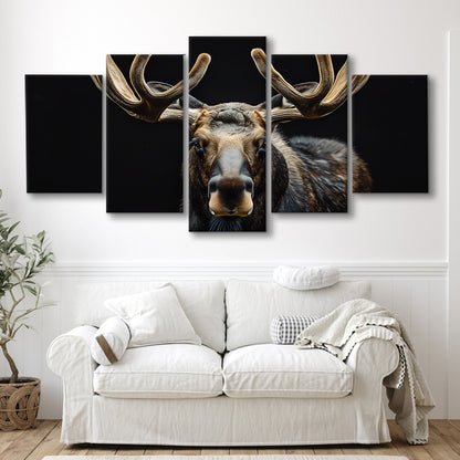 Moose Portrait With Black Background, Hunting Art Decor V3, Mixed Panels Canvas Print Wall Art