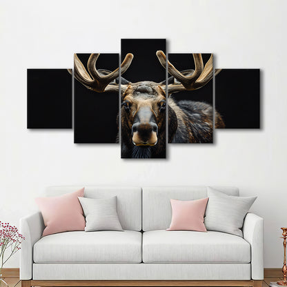 Moose Portrait With Black Background, Hunting Art Decor V3, Mixed Panels Canvas Print Wall Art