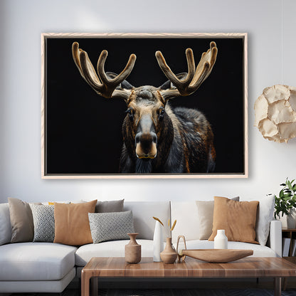 Moose Portrait With Black Background, Hunting Art Decor V3, Floating Framed Canvas Print Wall Art