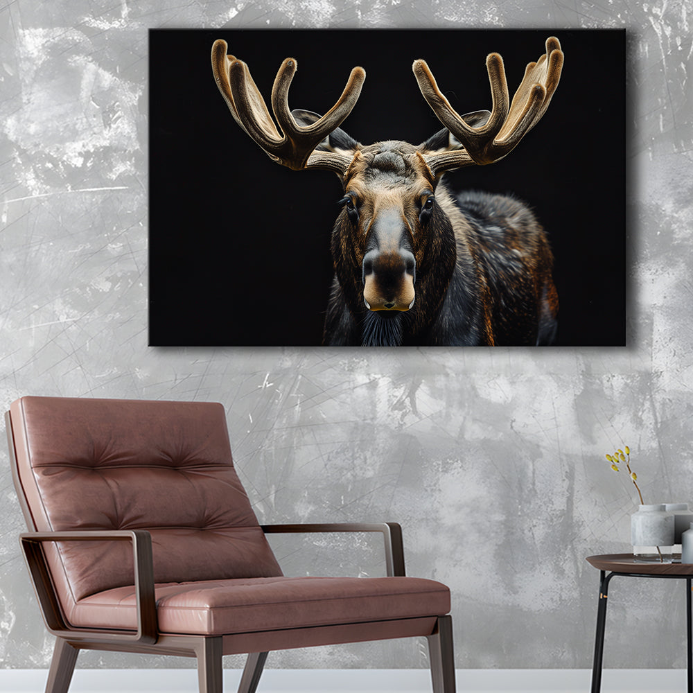 Moose Portrait With Black Background, Hunting Art Decor V3, Canvas Print Wall Art Home Decor