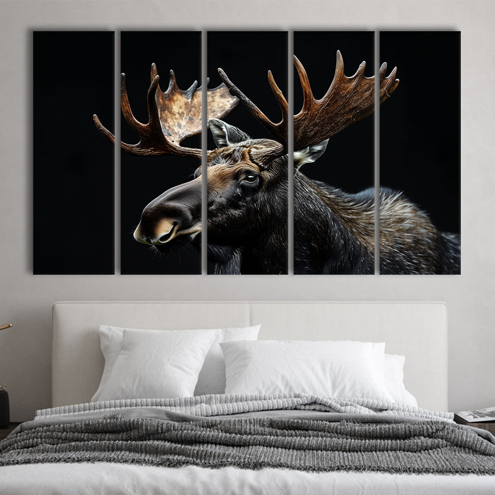 Moose Portrait With Black Background, Hunting Art, Multi Panels Canvas Print Wall Art