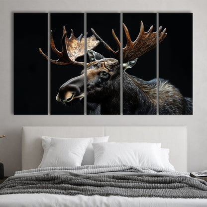 Moose Portrait With Black Background, Hunting Art, Multi Panels Canvas Print Wall Art