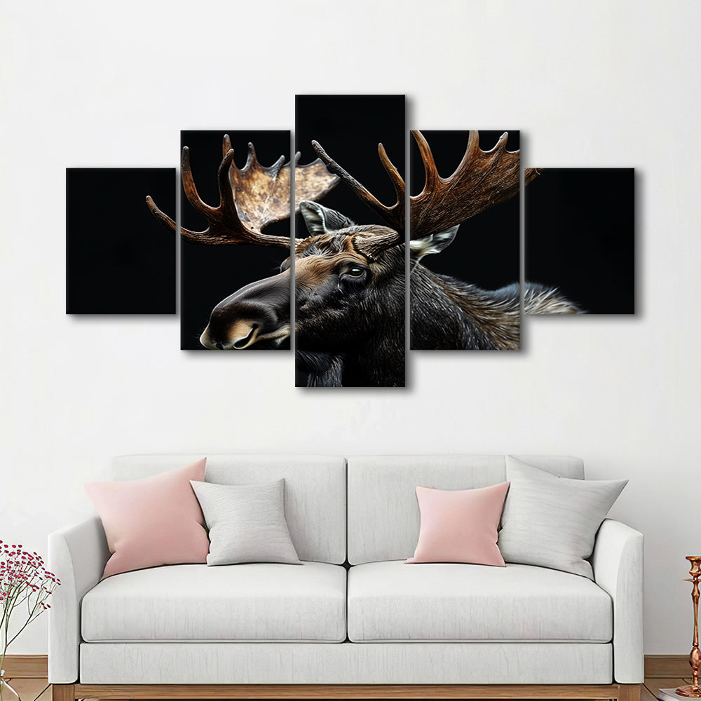 Moose Portrait With Black Background, Hunting Art Decor, Mixed Panels Canvas Print Wall Art