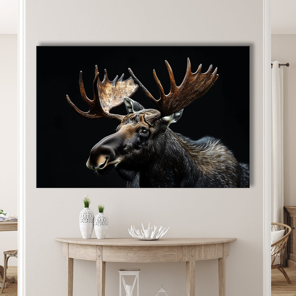 Moose Portrait With Black Background, Hunting Art Decor, Canvas Print Wall Art Home Decor