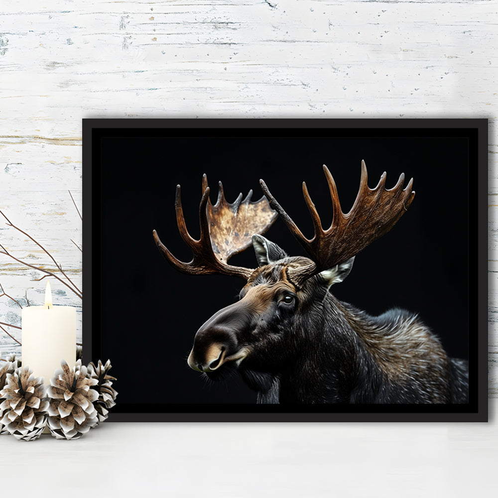 Moose Portrait With Black Background, Hunting Art Decor, Floating Framed Canvas Print Wall Art