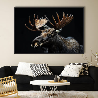 Moose Portrait With Black Background, Hunting Art Decor, Floating Framed Canvas Print Wall Art