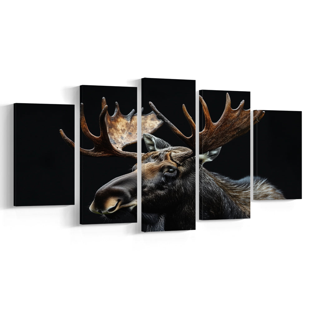 Moose Portrait With Black Background, Hunting Art Decor, Mixed Panels Canvas Print Wall Art