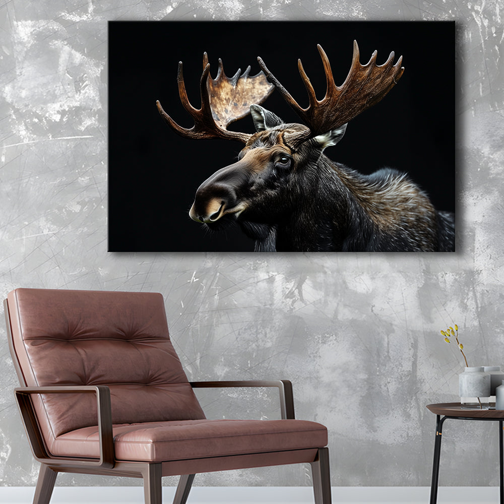 Moose Portrait With Black Background, Hunting Art Decor, Canvas Print Wall Art Home Decor