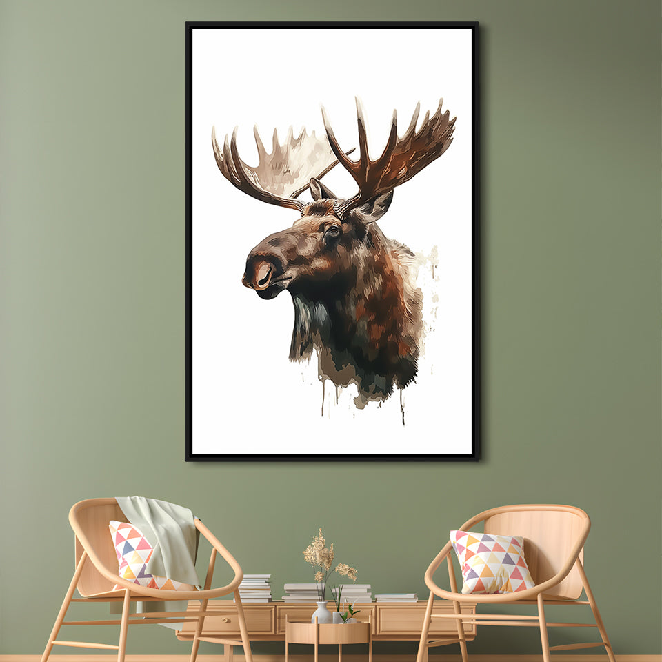 Moose With Anlters Watercolor Painting, Floating Framed Canvas Art Print,, Framed Canvas Prints Wall Art