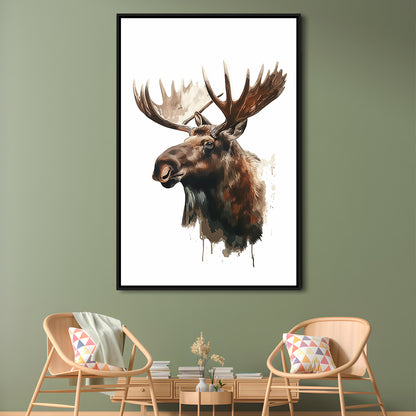 Moose With Anlters Watercolor Painting, Floating Framed Canvas Art Print,, Framed Canvas Prints Wall Art