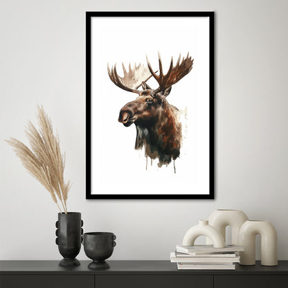 Moose With Anlters Watercolor Painting, Framed Picture Print, Framed Art Prints White Border Wall Decor